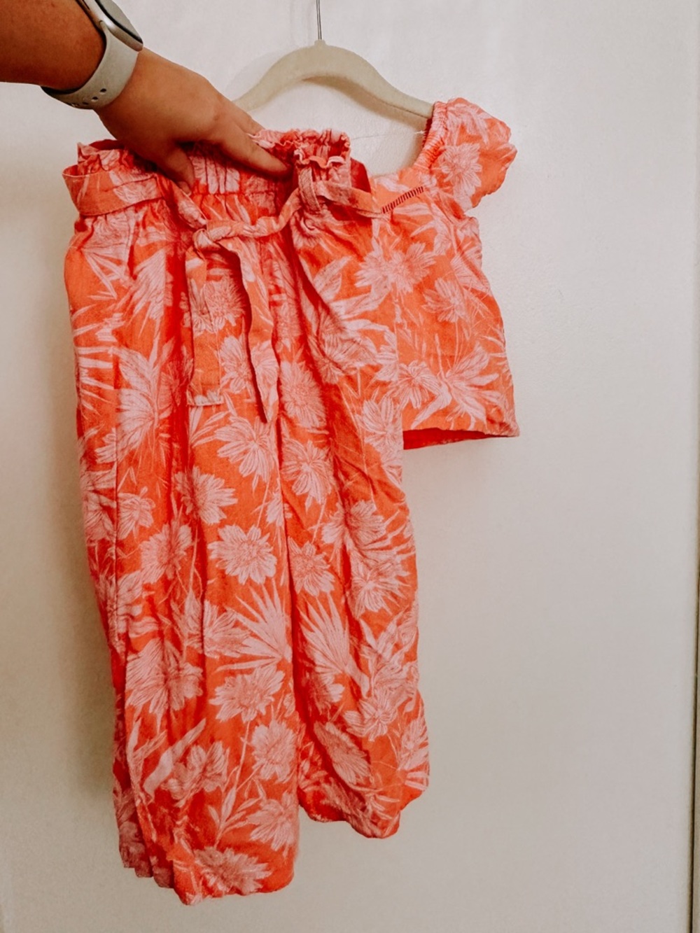 btween Coral and White Floral Paperbag Waist wide leg pant and top set.